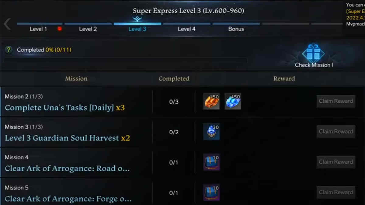 Levels of Lost Ark Express Mission Event 