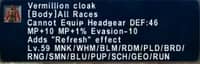 Vermillion cloak - HorizonXI Items