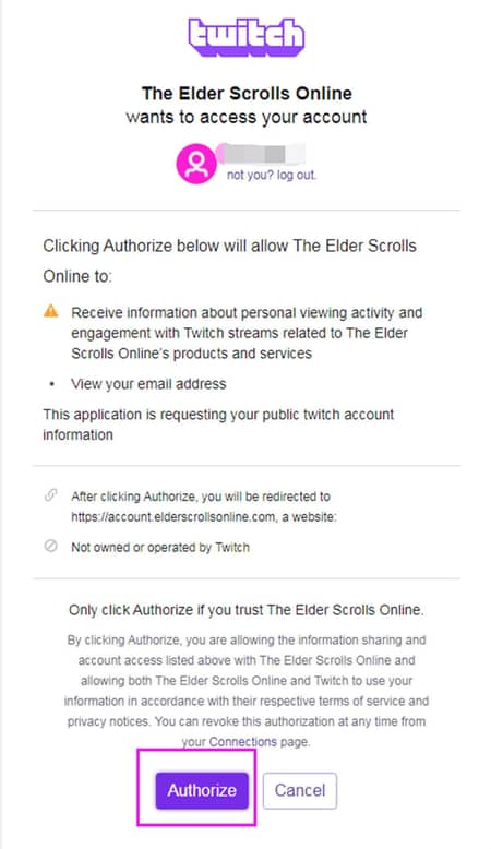 Click Authorize to Link Your ESO account to Twitch