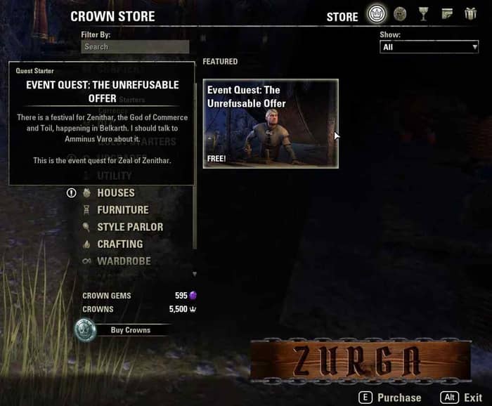 Receive the Zeal of Zenithar Introductory quest for free at the Crown Store