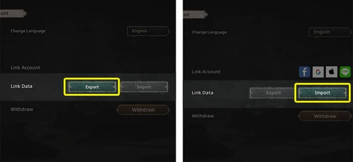 Select Export on the Linking Account and Press Import on the Account to be Linked with