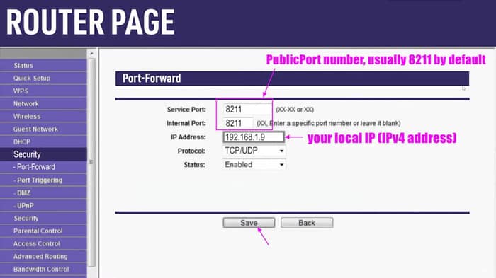 port forward IP address for your Palworld Dedicated Server on your router page