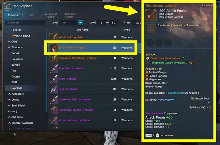 upload a screenshot showing the detailed stats of your item in the marketplace of BNS NEO