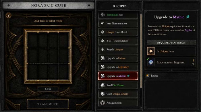 Horadric Cube Recipe: Upgrade to Mythic