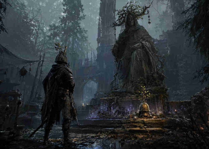 A hunter facing an ancient statue during the Hallowgrove Woodling secret quest