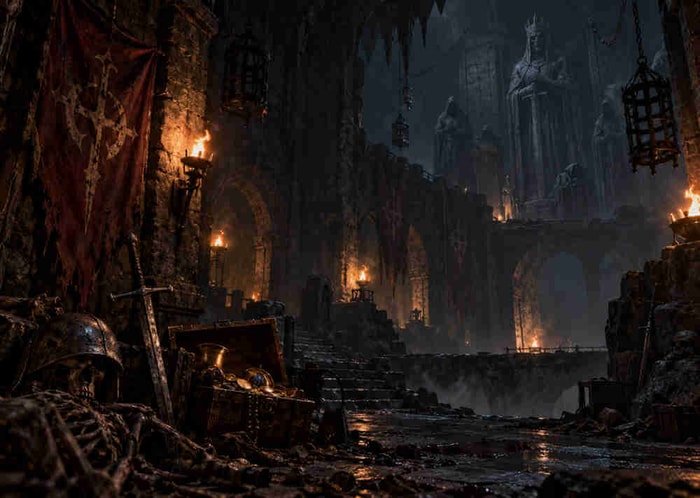 Torch-lit dungeon with a longsword, treasure chest, and scattered gold coins
