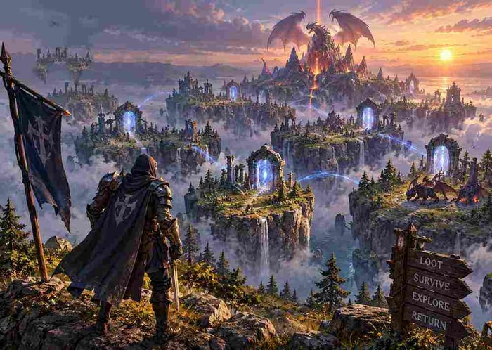 Albion Online Ancient Lands-inspired illustration of an adventurer overlooking floating islands, glowing portals, and dragons
