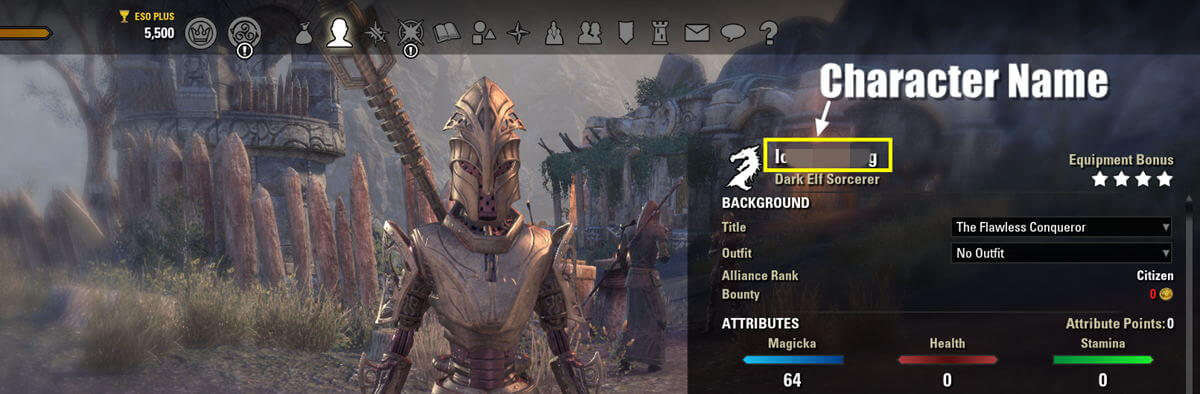 Find character name in ESO character screen
